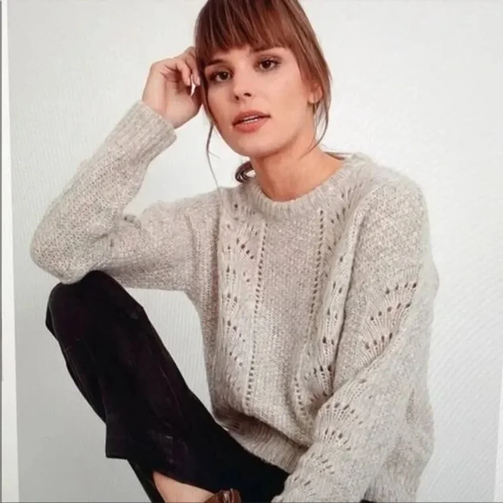 Rails Sweater Mara Teddy Crew Neck Pullover Alpaca Wool Blend Pointelle Knit Med